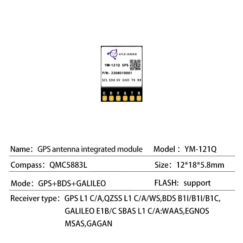 Módulo GPS Beidou XYZ-GNSS YM-181Q (M10050) Pequeño con Antena Cerámica, Compás y Flash para Control Vuelo Drones