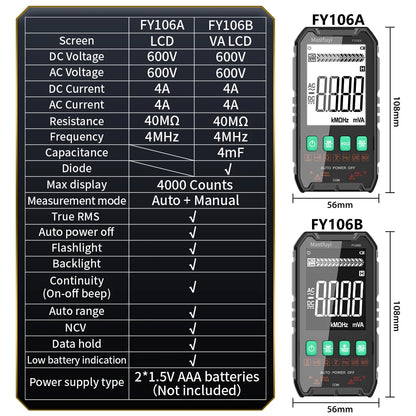 Multímetro Digital Multifunción Mastfuyi FY106 AC/DC - Smart Tester NCV, Ohmetro, Voltímetro (600V)