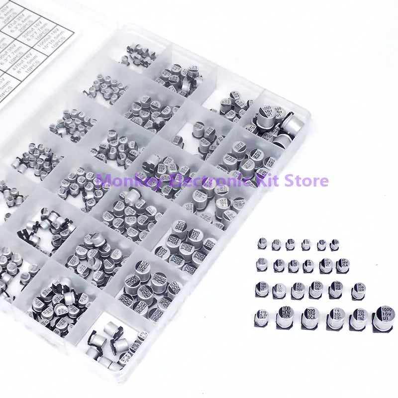 Kit Surtido Capacitor Electrolítico Aluminio SMD (1uF-1000uF, 6.3V-50V, 24 Valores) con Caja - Pack 400 Piezas