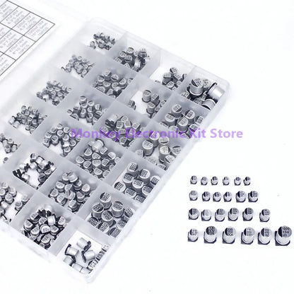 Kit Surtido Capacitor Electrolítico Aluminio SMD (1uF-1000uF, 6.3V-50V, 24 Valores) con Caja - Pack 400 Piezas