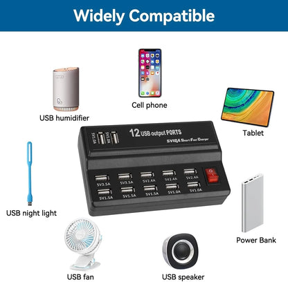 Estación Carga USB Escritorio 12 Puertos Hub Múltiple Adaptador para Teléfono Móvil/Dispositivos USB