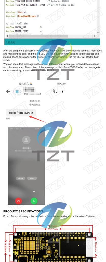 Módulo Inalámbrico TTGO T-Call V1.3 ESP32 con Módulo SIM800L, Ranura SIM y Antena GSM/GPRS para Arduino