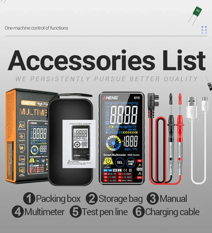 Multímetro Digital Inteligente ANENG AN-615 - Táctil Recargable (6000 Cuentas) Tester Voltaje/Corriente AC/DC