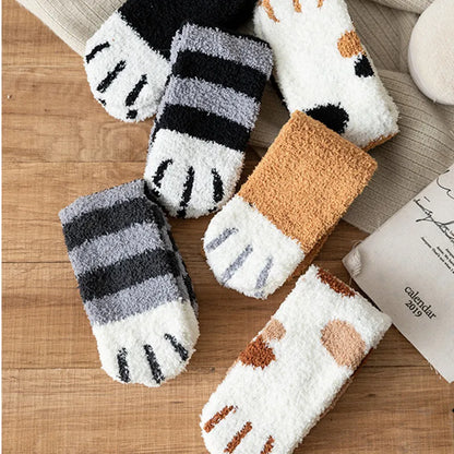 Calcetines Blancos Mujer Felpa Cálidos Diseño Kawaii Cartoon Patita Gato/Perro 3D Divertidos para Casa/Dormir