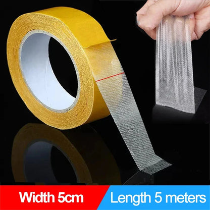 Cinta Adhesiva Doble Cara Transparente Fibra Rejilla Alta Viscosidad (Rollo 5 Metros)