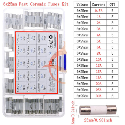 12V-250V Slow Fast Glass Fuse With Lead Wire Mix kit 0.1A 0.25A 0.5A 1A 2A 2.5A 3A 3.15A 4A 5A 6A 6.3A 8A 10A 15A 16A 20A 30A