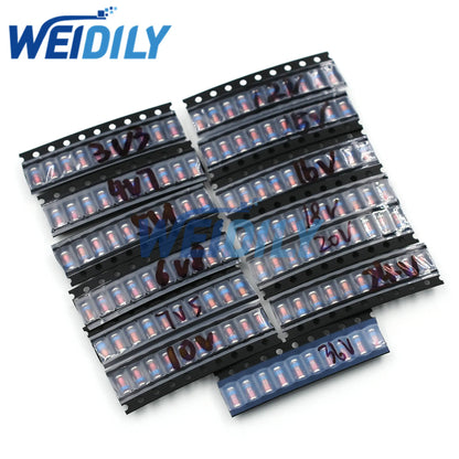 Kit Surtido Diodos Zener SMD LL41 ZM47xxA (1W, 3.3V-36V, 13 Valores x 10 Unidades) - Pack 130 Piezas