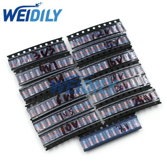 Kit Surtido Diodos Zener SMD LL41 ZM47xxA (1W, 3.3V-36V, 13 Valores x 10 Unidades) - Pack 130 Piezas
