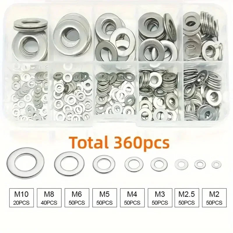 Set Arandelas Planas Acero Inoxidable 304 para Decoración Hogar/Reparación Fábrica/Cocina/Tiendas (360 Piezas)