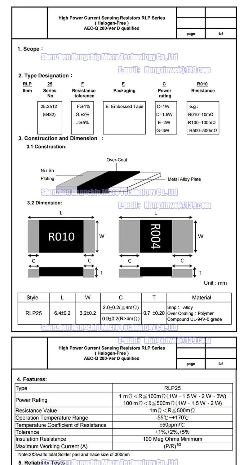 Resistencia Aleación SMD 2512 2W - Varios Valores Bajos (R001 a R300) 6.4x3.2mm - Lote 20 Piezas