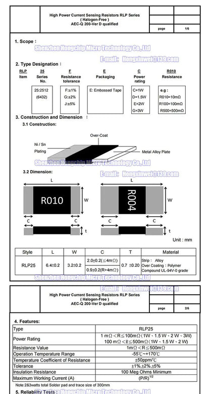 Resistencia Aleación SMD 2512 2W - Varios Valores Bajos (R001 a R300) 6.4x3.2mm - Lote 20 Piezas