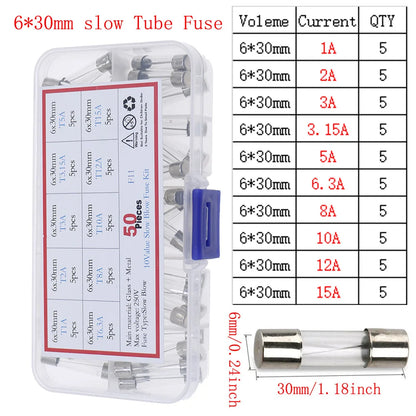 12V-250V Slow Fast Glass Fuse With Lead Wire Mix kit 0.1A 0.25A 0.5A 1A 2A 2.5A 3A 3.15A 4A 5A 6A 6.3A 8A 10A 15A 16A 20A 30A