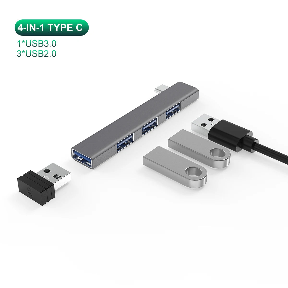 Hub USB-C 4-en-1 USB 3.0 + PD 60W + Type-C 3.1 Splitter OTG para Xiaomi/Lenovo/MacBook Pro/Air