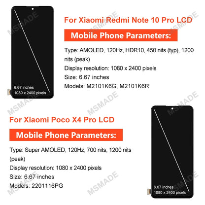 Super AMOLED For Xiaomi Redmi Note 10 Pro LCD Screen Displa For Xiaomi Poco X4 Pro LCD M2101K6G 2201116PG Display Replace Parts