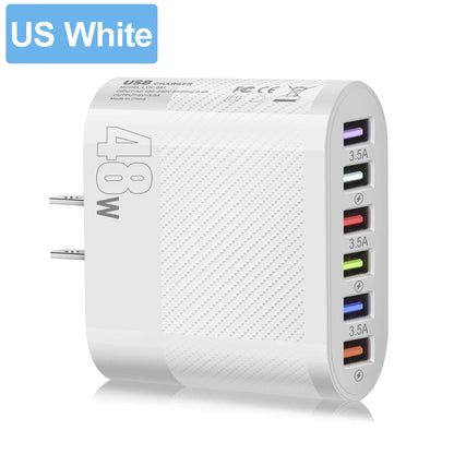 Cargador Pared Rápido USB 6 Puertos (6 en 1) Adaptador Carga para Samsung S22/S23, Xiaomi