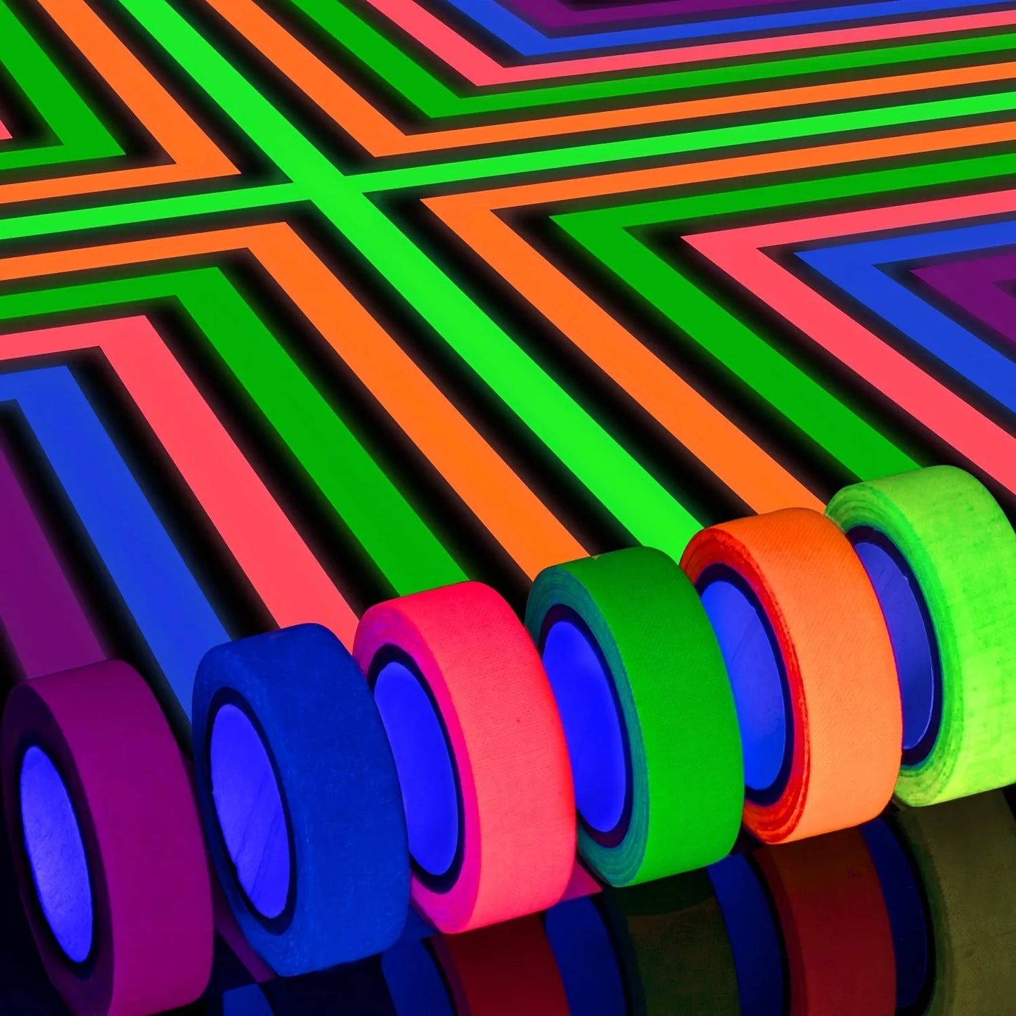Cinta Tela Neón Fluorescente Gaffer (Brilla Oscuridad UV Blacklight) para Fiesta/Manualidades (Pack 6 Rollos)