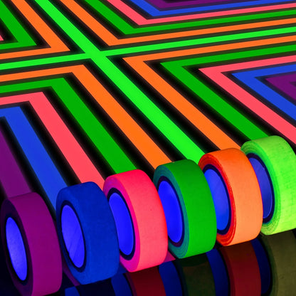 Cinta Tela Neón Fluorescente Gaffer (Brilla Oscuridad UV Blacklight) para Fiesta/Manualidades (Pack 6 Rollos)