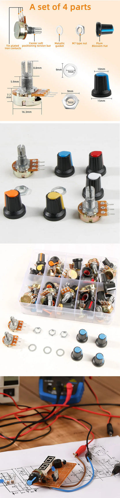 Kit Surtido Potenciómetros Variables WH148 (1K/10K/50K/500K/1M Ohm) con Tuercas y Arandelas (30 Sets)