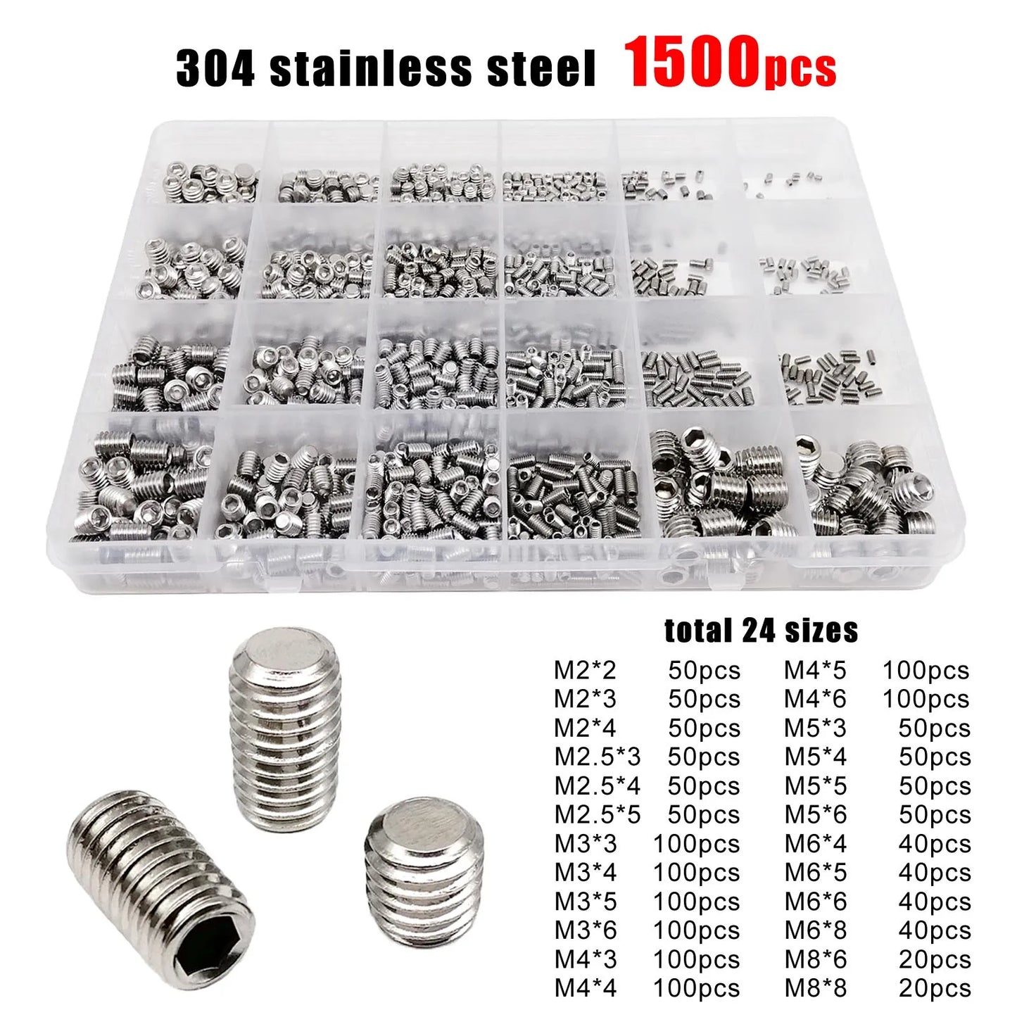 Kit Caja Tornillos Allen Cabeza Plana Hexagonal Acero Inoxidable 304/Negro DIN913 (M2-M8) (500/1500 Piezas)