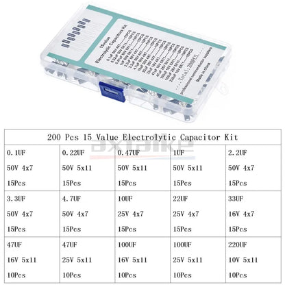 Kit Surtido Capacitor Electrolítico Aluminio (0.1uF-1000uF, 16V/25V/50V) con Caja - Pack 120/200/500 Piezas