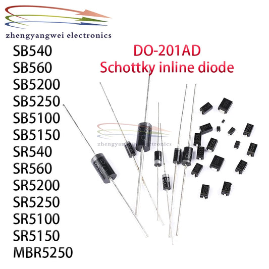 Diodo Schottky THT 5A DO-201AD - Varios Tipos (SB/SR5100-5250, MBR5250) - Lote 10 Piezas