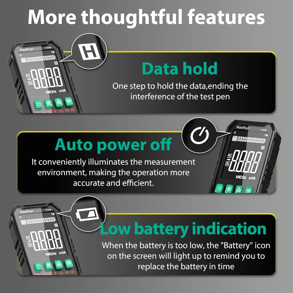 Multímetro Digital Multifunción Mastfuyi FY106 AC/DC - Smart Tester NCV, Ohmetro, Voltímetro (600V)