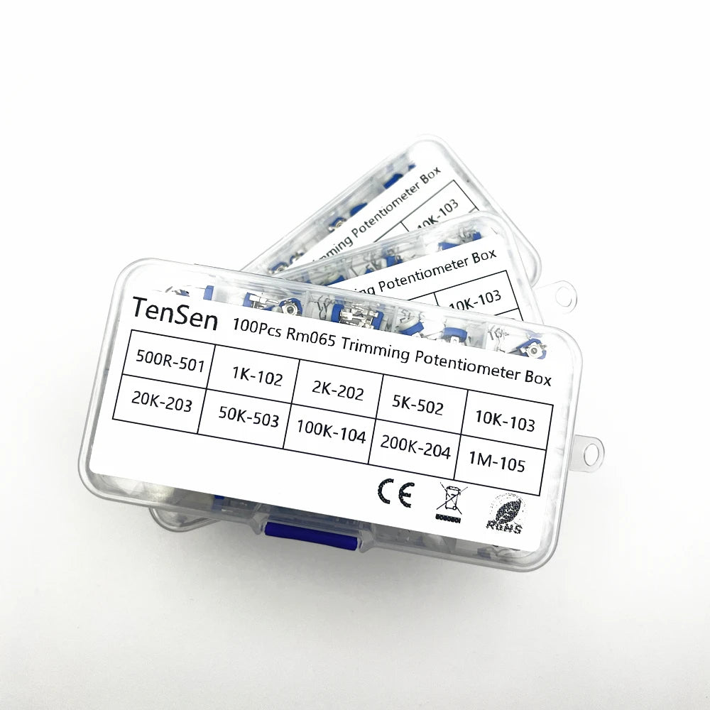 100Pcs/Box RM065 Carbon Film Horizontal Trimpot Potentiometer Assortment Kit 10 Values Variable Resistor 500R 1K 2K 5K 10K -1M
