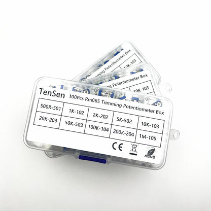 100Pcs/Box RM065 Carbon Film Horizontal Trimpot Potentiometer Assortment Kit 10 Values Variable Resistor 500R 1K 2K 5K 10K -1M