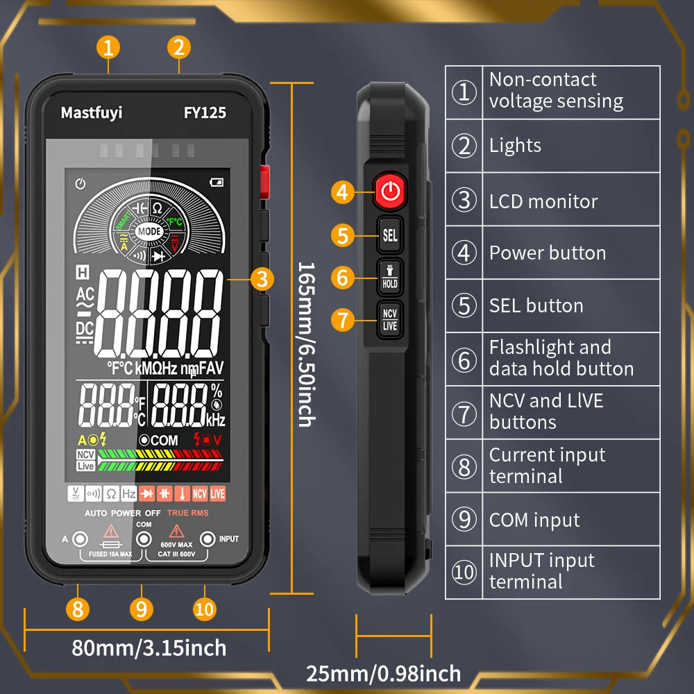 Multímetro Digital Mastfuyi FY125 Auto Rango - Tester Voltaje NCV, Diodo, Resistencia