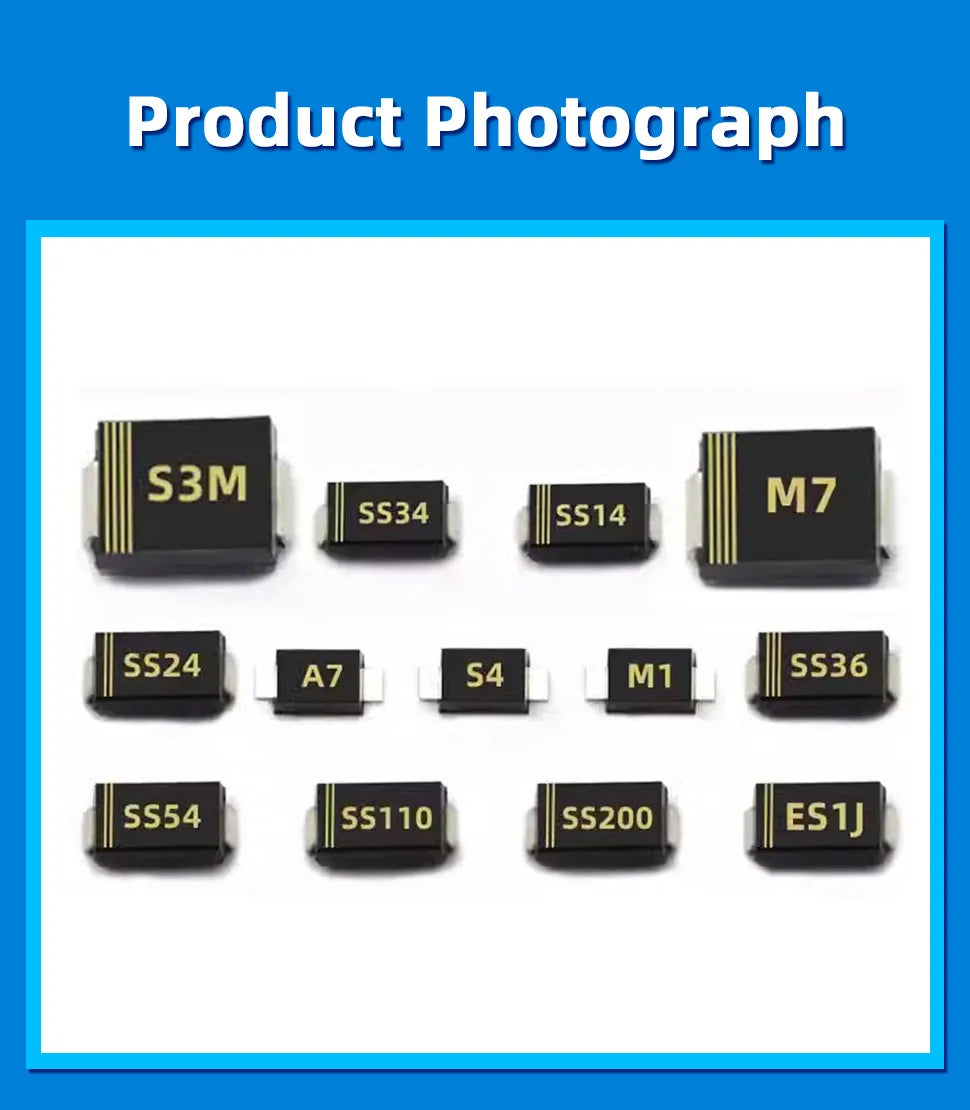 Diodo Schottky SMD (SS12/SS14/SS24/SS26/SS34/SS36/SS54/SS110/SS2200, SMA) (20 Unidades)