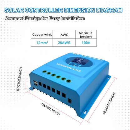 Controlador Carga Solar MPPT 60A/100A/150A 12V-48V Auto LCD Dual USB para Batería Plomo-Ácido/Litio