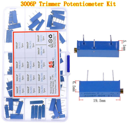 3296W 3296X RM063 RM065 3362P 3386P 3266W 3006P Trimmer Potentiometer Kit 100ohm-1M Variable Resistor Mixed set Box