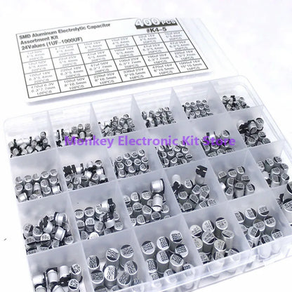 Kit Surtido Capacitores Electrolíticos SMD Aluminio (1uF-1000uF, 6.3V-50V, 24 Valores) con Caja Reparación (400 Piezas)