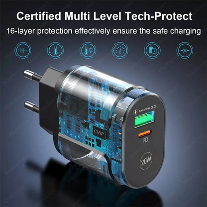 Cargador USB Doble Puerto (Quick Charge 3.0, PD 20W Tipo C) Adaptador Carga Rápida para iPhone 13/12Pro/Huawei/Xiaomi/Samsung