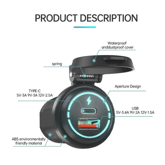 Socket Cargador USB 100W Impermeable Carga Rápida PD Tipo-C + QC3.0 para Auto/Bote/RV/Moto 12V-24V
