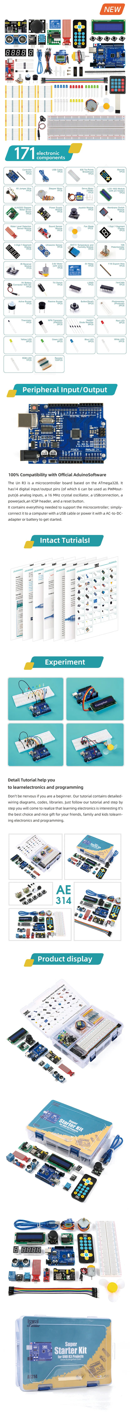 Kit Inicio KUONGSHUN Super para Arduino UNO R3 con Tutorial (Incluye Protoboard, LCD 1602 IIC, Cables Jumper)