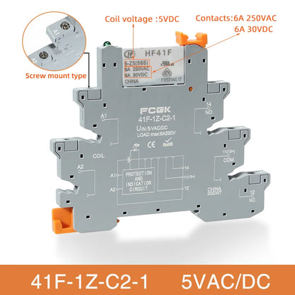 Módulo Relé Delgado DIN Rail 41F-1Z-C4-1 PCB con Socket Holder 12V/24V AC/DC / 220V AC 6.2mm