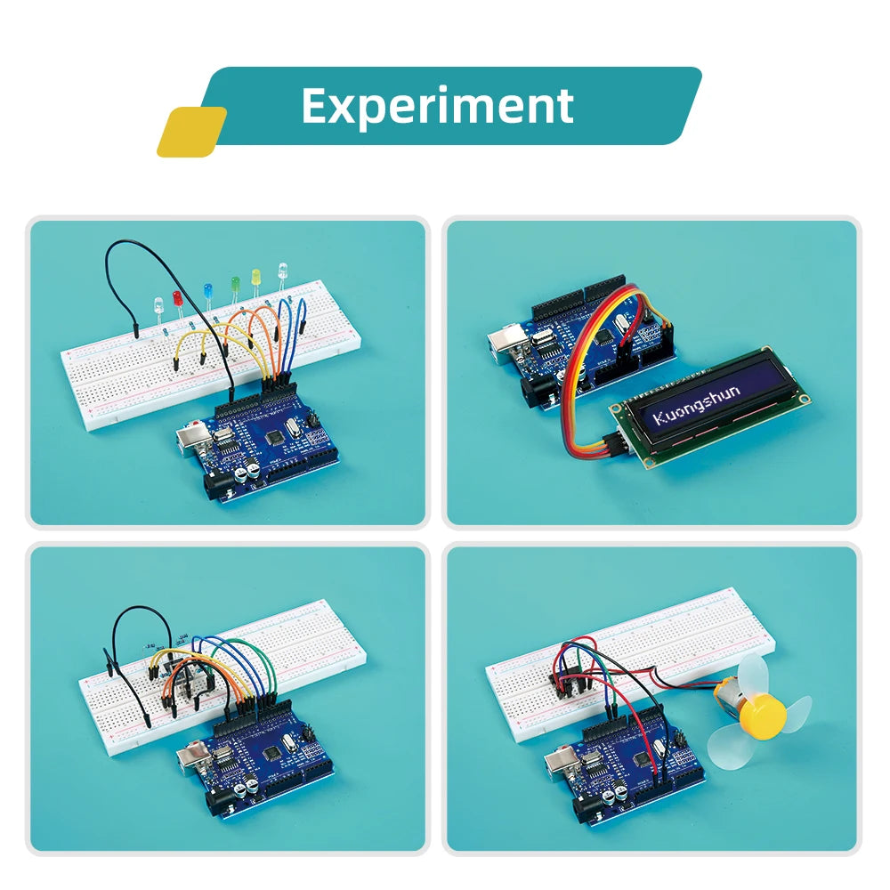 Kit Inicio KUONGSHUN Super para Arduino UNO R3 con Tutorial (Incluye Protoboard, LCD 1602 IIC, Cables Jumper)