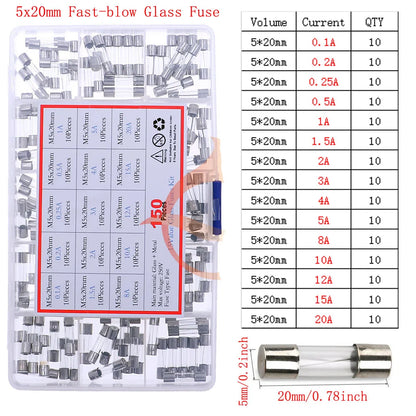 12V-250V Slow Fast Glass Fuse With Lead Wire Mix kit 0.1A 0.25A 0.5A 1A 2A 2.5A 3A 3.15A 4A 5A 6A 6.3A 8A 10A 15A 16A 20A 30A