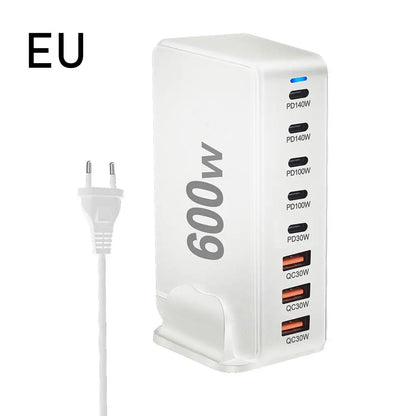 Cargador Escritorio GaN 600W PD3.1 Multifunción 28V/5A USB-C Adaptador US/EU/UK/AU Ahorro Energía