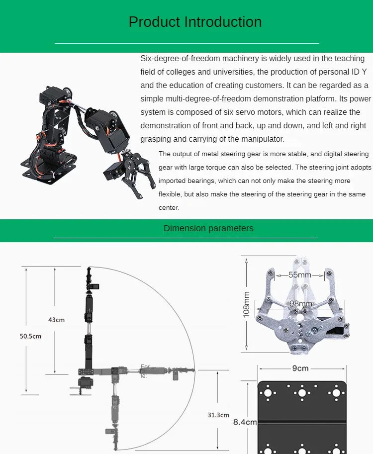 Kit Brazo Robot Mecánico Aleación Metálica 6-DOF (360°, para MG996R) Arduino Robótica Educacional Programable PS2