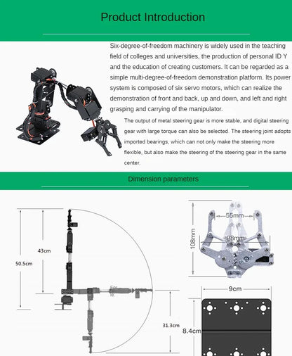 Kit Brazo Robot Mecánico Aleación Metálica 6-DOF (360°, para MG996R) Arduino Robótica Educacional Programable PS2