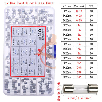 12V-250V Slow Fast Glass Fuse With Lead Wire Mix kit 0.1A 0.25A 0.5A 1A 2A 2.5A 3A 3.15A 4A 5A 6A 6.3A 8A 10A 15A 16A 20A 30A