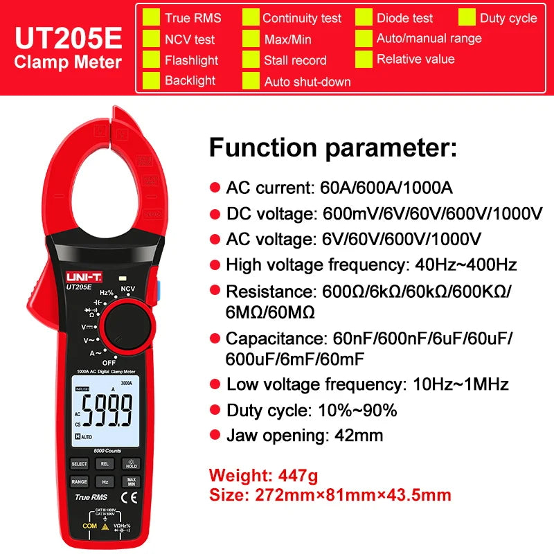 Pinza Amperimétrica Digital UNI-T UT207B/UT208B True RMS AC/DC 1000A 1000V LPF 6000 Cuentas
