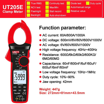 Pinza Amperimétrica Digital UNI-T UT207B/UT208B True RMS AC/DC 1000A 1000V LPF 6000 Cuentas