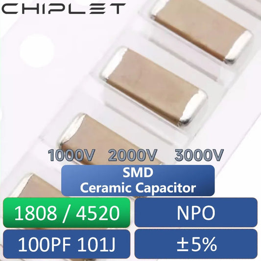 Capacitor Chip Cerámico Alto Voltaje SMD 1808 (100pF 101J 5%, 1kV/2kV/3kV) COG/NPO - Pack 10/20 Unidades