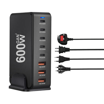 Cargador GaN Rápido 600W 8 Puertos (5 USB-C PD + 3 USB-A QC 3.0?) Portátil para Móvil/Tablet
