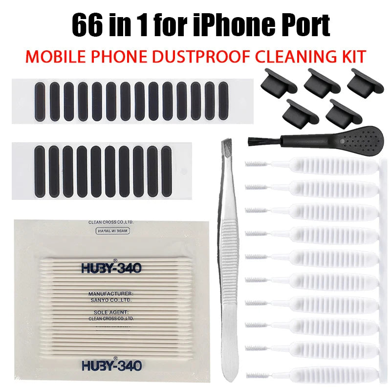 Set Limpieza (66 Piezas) para Altavoz/Puerto Carga Teléfono (Tapón Polvo, Cepillo) iPhone 13-15/Samsung/Xiaomi/Auriculares