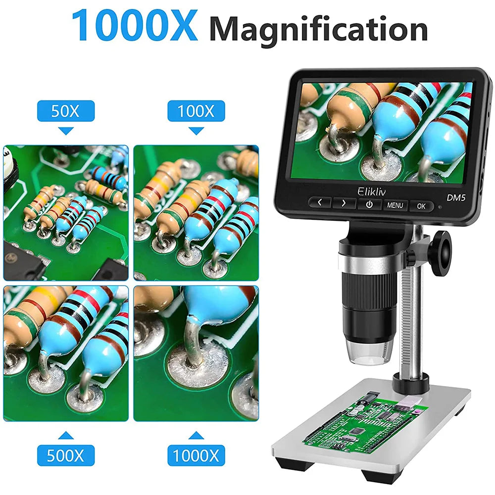 Elikliv DM5 5'' 1000X Wireless Digital Microscope for Electronics 1080P Soldering Coin Microscope For iPhone Android iPad PC 32G