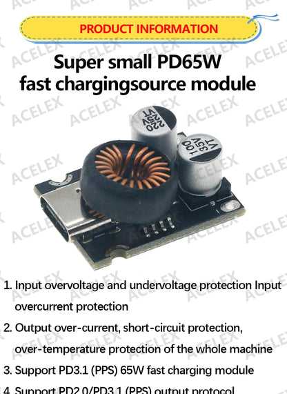 Módulo Carga Rápida Multi-Protocolo Mini 65W DC 12-30V PD2.0/PD3.1(PPS) Interface USB-C